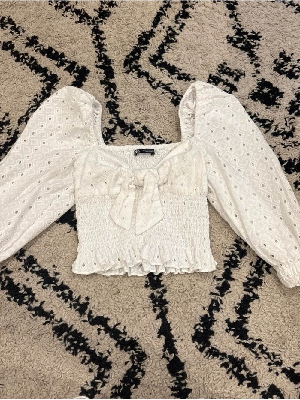 Zara White Eyelet Smocked Crop Top with Front Tie